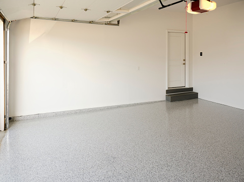 A freshly coated epoxy garage floor.