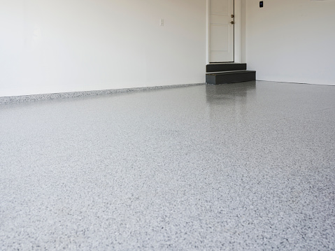 A freshly coated epoxy garage floor.