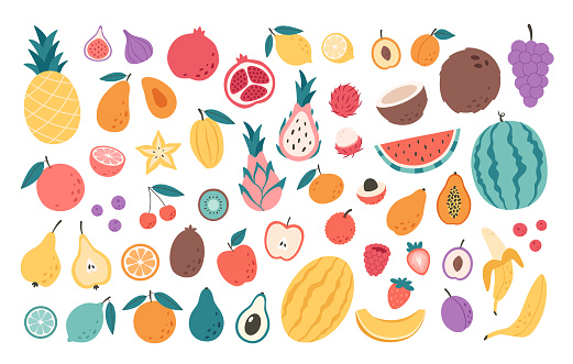 Fruits, berries and exotic fruits collection. Natural organic nutrition. Healthy food, dietetics products, fresh vitamin grocery products. Vector illustration
