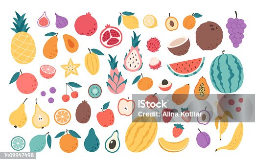 istock Fruits, berries and exotic fruits collection. Natural organic nutrition. Healthy food, dietetics products, fresh vitamin grocery products. Vector illustration in flat style 1409947498