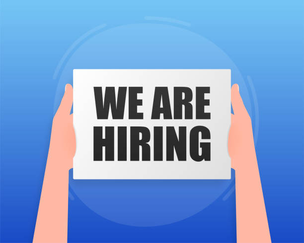 istock Hand holding signboard with text - we are hiring. Man showing billboard banner. Vector illustration. 1409948725