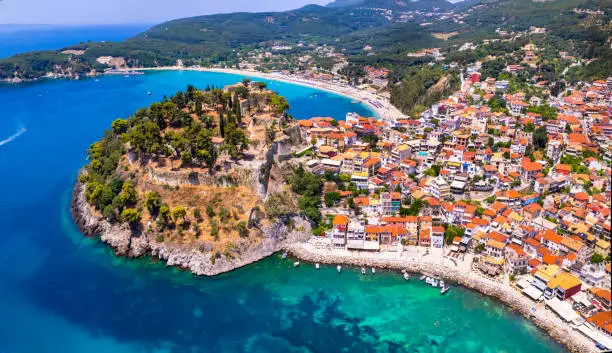 Aerial drone view of Parga colorful town and popular tourist resort in Epirus, Greece