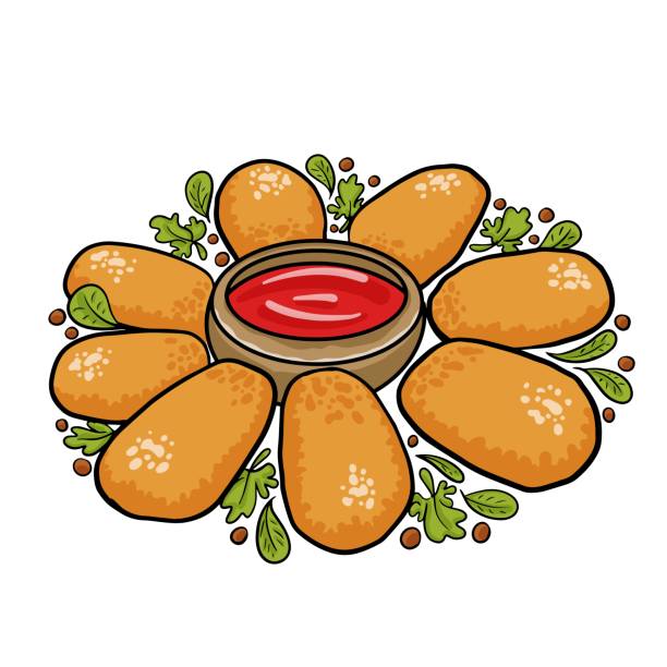 ilustraciones, imágenes clip art, dibujos animados e iconos de stock de croquetas españolas fritas tradicionales (croquetas) con ketchup sobre fondo blanco - croquetas