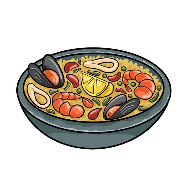 bildbanksillustrationer, clip art samt tecknat material och ikoner med paella. traditional spanish food, seafood paella in the fry pan with mussels, king prawns, langoustine and squids. - tallrik med fisk