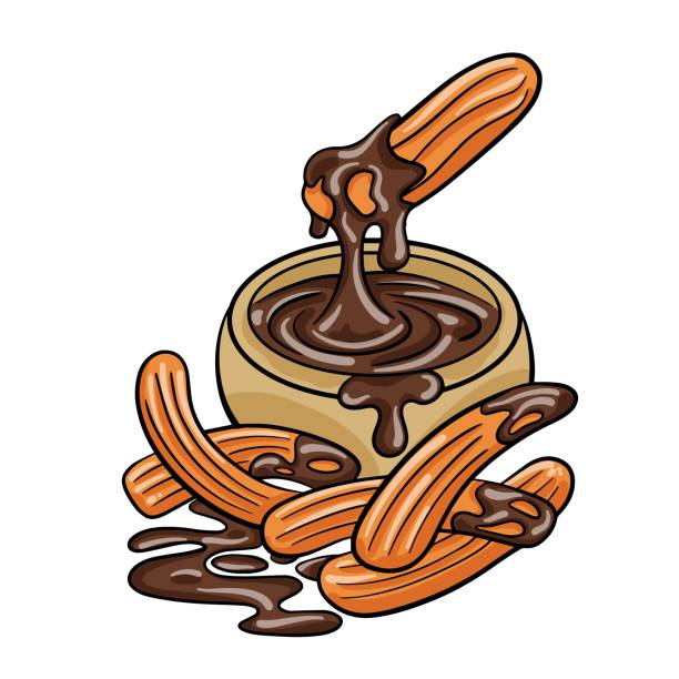 ilustraciones, imágenes clip art, dibujos animados e iconos de stock de churros con chocolate típico de la merienda dulce española. - churro chocolate cup sweet food