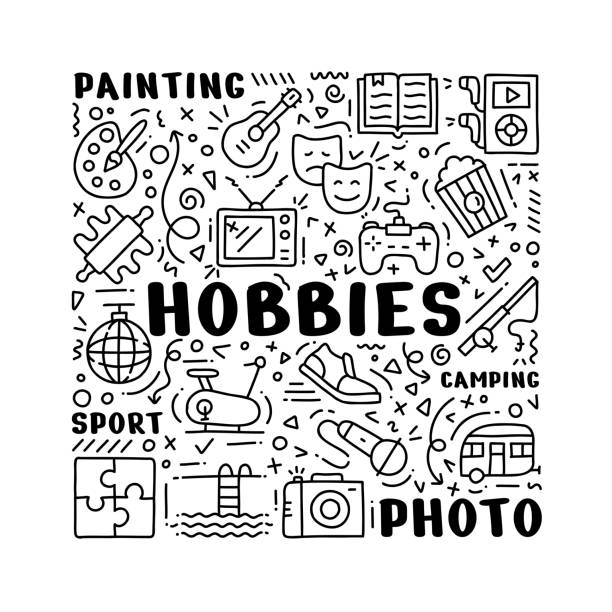 illustrazioni stock, clip art, cartoni animati e icone di tendenza di hobby hand drawn doodle concept - illustrazioni di hobby