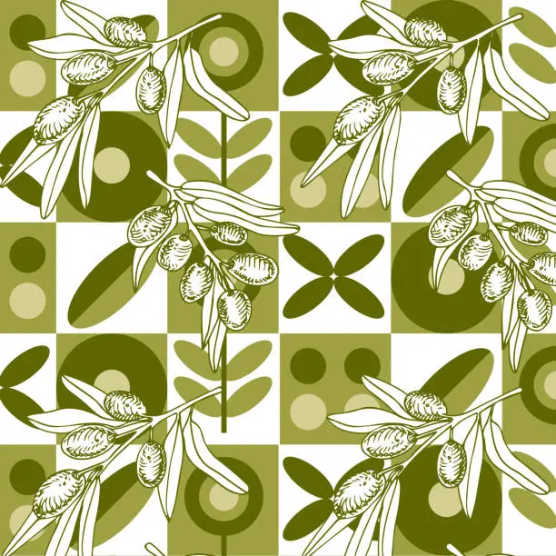 Vector illustration of Fresh olives hand drawn background. Doodle wallpaper vector. Colorful seamless pattern with olive branches
