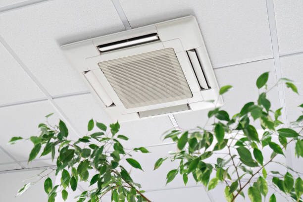 Closeup cassette Air Conditioner on ceiling in modern light office or apartment with green ficus plant leaves. Indoor air quality