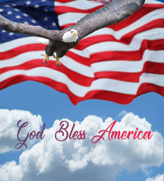 American Eagle flying in front of American Flag