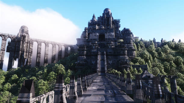 istock Fantasy fairy cyberpunk castle, palace in ocean. Postapocalypde concept. 3d rendering. 1409953845