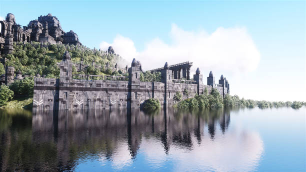 istock Fantasy fairy cyberpunk castle, palace in ocean. Postapocalypde concept. 3d rendering. 1409953857