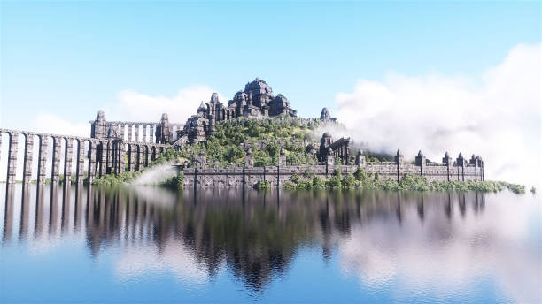 Fantasy fairy cyberpunk castle, palace in ocean. Postapocalypde concept. 3d rendering.