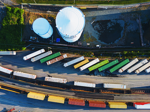 Aerial drone view of a rail/trucking facility.