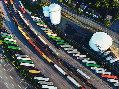 Aerial drone view of a rail/trucking facility.