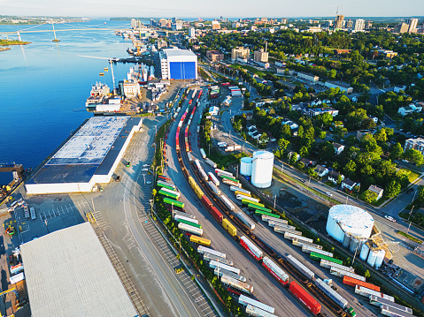 Aerial drone view of a roll-on-roll-off port.