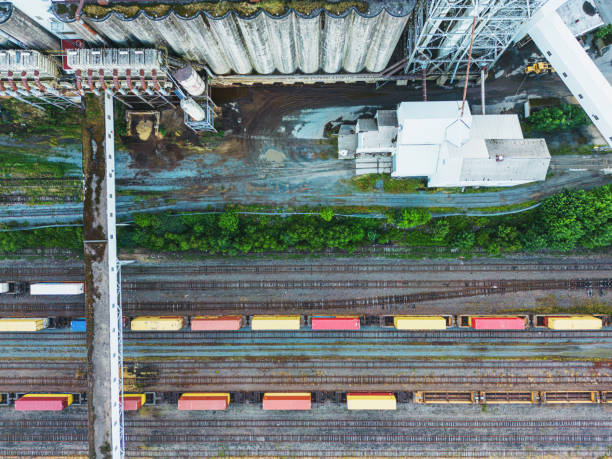 Grain Elevator & Rail Line Aerial drone view of a grain elevator & railyard. parallel port stock pictures, royalty-free photos & images