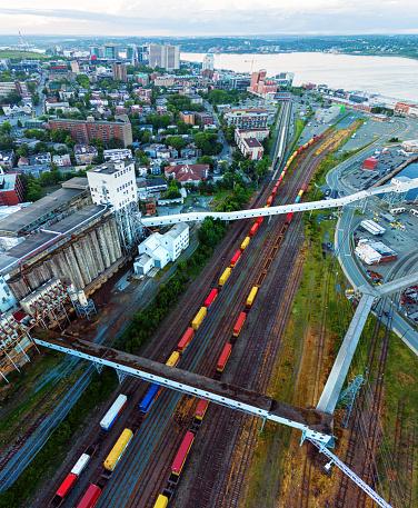 Aerial drone view of a grain elevator & railyard.