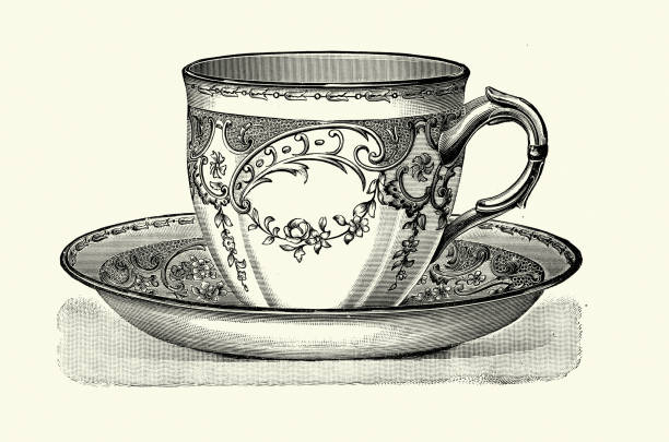 богато украшенная викторианская чайная чашка и блюдце в стиле людовика xvi, керамика 19-го века - tea cup illustrations stock illustrations