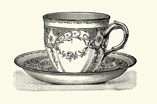 Vintage illustration of  Ornate Victorian Tea cup and saucer in a Louis XVI style, 19th Century ceramics
