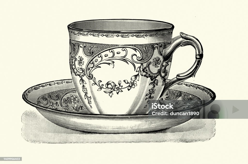 Ornate Victorian Tea cup and saucer in a Louis XVI style, 19th Century ceramics Vintage illustration of  Ornate Victorian Tea cup and saucer in a Louis XVI style, 19th Century ceramics Tea Cup stock illustration