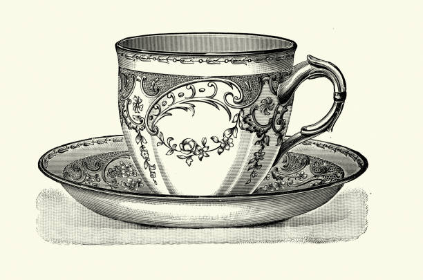 Ornate Victorian Tea cup and saucer in a Louis XVI style, 19th Century ceramics Vintage illustration of Ornate Victorian Tea cup and saucer in a Louis XVI style, 19th Century ceramics tea cup and saucer stock illustrations