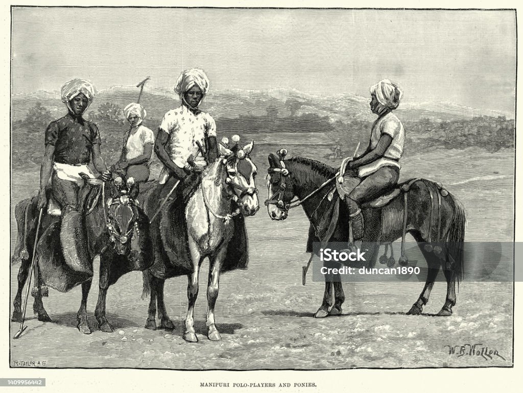 Manipuri Polo players and ponies, India, History of sport Vintage illustration of Manipuri Polo players and ponies, India, History of sport Polo stock illustration