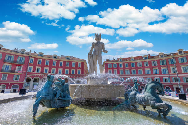 france, french riviera and cote d azur, place massena, main historic square in nice old town - city of nice france french riviera promenade des anglais imagens e fotografias de stock