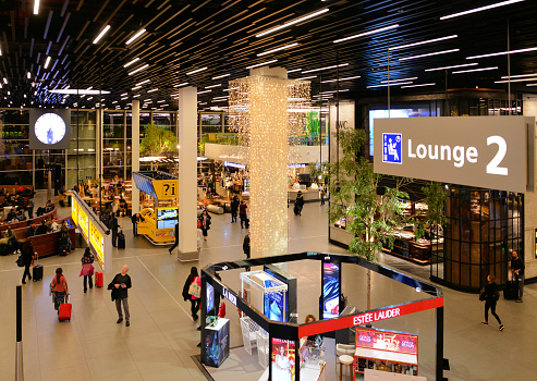 Amsterdam, Netherlands: Amsterdam Airport Schiphol - lounge two at night - used for non Schengen Area flights