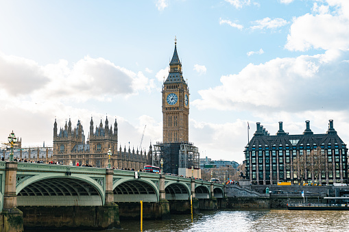 Big Ben and the Parliament with Westminster Bridge in London
