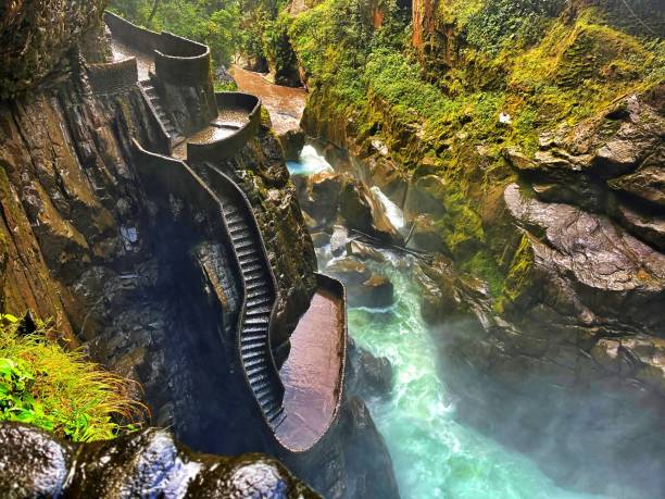 Pailon del Diablo waterfall alias Devil's Cauldron waterfall is a must-visit place when exploring the Baños area. Pailon del Diablo is located only 17 kilometers from Baños in a small settlement Rio Verde, and depending on the mean of transport you choose, it can be a short visit or even a half-day trip.\nThis 80-meter waterfall is awe-inspiring, and the location on Rio Pastaza guarantees a constant water supply.