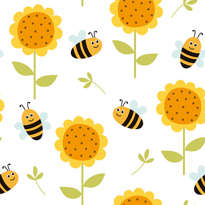 Seamless pattern with cute bees and sunflowers. Vector illustration. It can be used for wallpapers, wrapping, cards, patterns for clothes and other.