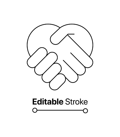 Handshake icon vector design. Editable stroke and color heart and handskahe symbol illustration.