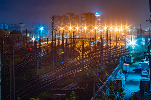 istock A railway station illuminated by night lights. 1409967731