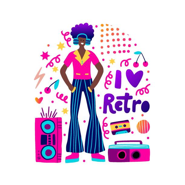 illustrations, cliparts, dessins animés et icônes de affiche de fête de musique rétro des années 80 funky vector fashion carte de garçon afro-américain pour l’impression - backgrounds black black background gradient