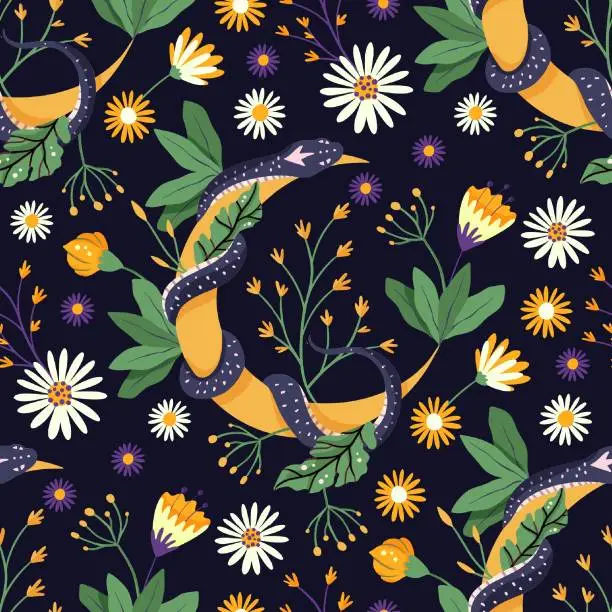 Vector illustration of Snake and moon celestial black seamless vector pattern. Floral magic background