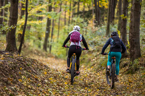 Photo of two cheerful young women on a bike ride on a beautiful autumn day. Electric enduro mountain bicycles.