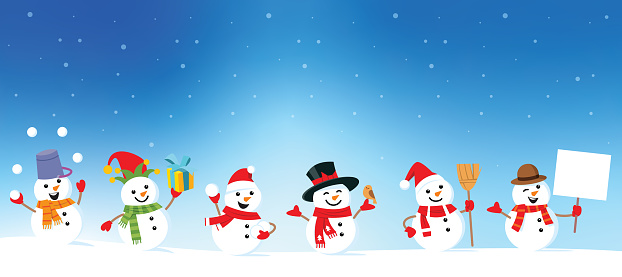 Vector snowman on Christmas winter background. Cute characters snowmans collection in scarf and top hat.