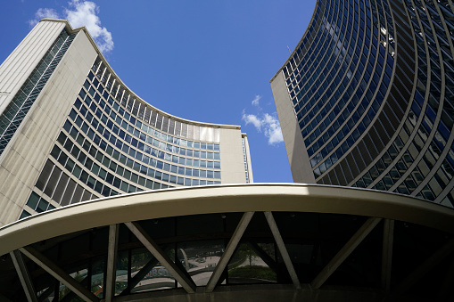 TORONTO CITY HALL SEEN FROM A LOW ANGLE