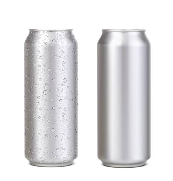 Long aluminium can with water drops, beer or soda Long aluminium can with water drops, silver beer, soda or lemonade juice, coffee or energy drink mockup. Realistic vector aluminum cans with fresh cold water drops condensation for drink packaging condensation stock illustrations