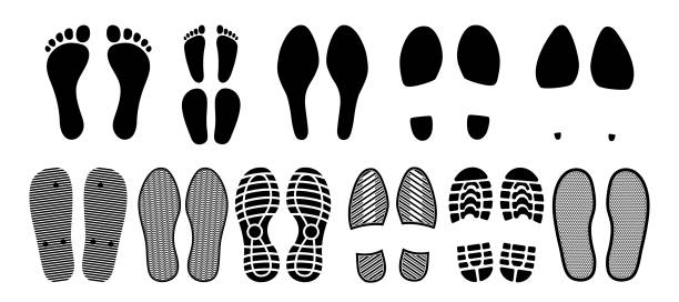 Shoe footprints, foot sole prints of boot or steps Shoe footprints, foot prints of sole, boot or steps, vector silhouette. Shoe footprints of sole and boots tracks, human feet imprints and marks of barefoot footsteps, sneakers and flip-flop sandals high heel footprint stock illustrations