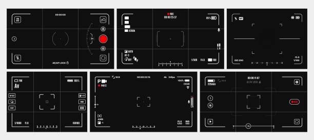 Video and photo camera viewfinder screen display Video and photo camera viewfinder screen or display frames, vector cam rec and focus. Video or photo camera viewfinder overlay with interface grid for picture capture on digital camcorder screen cctv camera overlay stock illustrations