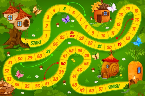 Kids board game. Nest, snail, acorn and carrot cartoon houses. Children riddle book vector page, boardgame or child puzzle game with dice rolling activity and fantasy houses, fairy dugout or elf hut