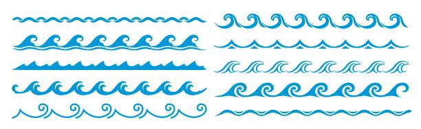 ilustraciones, imágenes clip art, dibujos animados e iconos de stock de líneas de olas de surf en el mar y el océano, bordes de aguas azules - olas