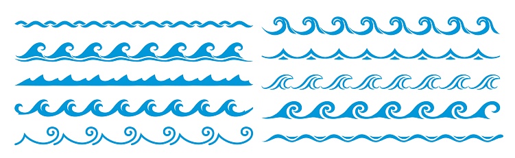 Sea and ocean surf wave lines, blue water borders and frame, vector pattern. Wave frame borders and wavy line separators with tide ripples, zigzag curves and curls, linear boarders and frames