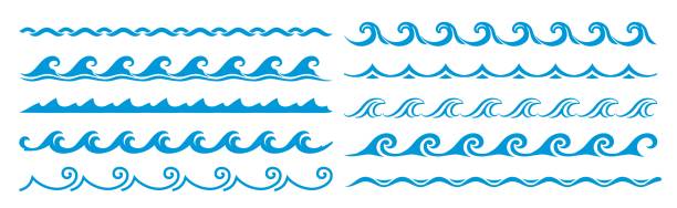 Sea and ocean surf wave lines, blue water borders Sea and ocean surf wave lines, blue water borders and frame, vector pattern. Wave frame borders and wavy line separators with tide ripples, zigzag curves and curls, linear boarders and frames water divide stock illustrations