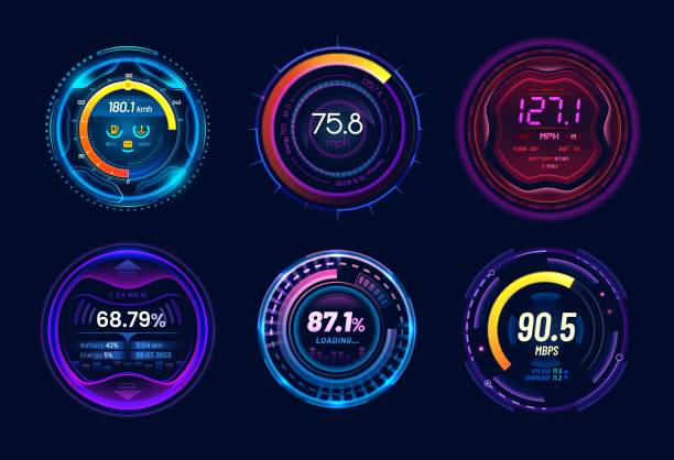 illustrazioni stock, clip art, cartoni animati e icone di tendenza di misuratori del tachimetro dell'auto, quadranti del pannello luminoso al neon - motor vehicle speedometer technology car