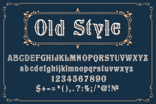 ilustrações de stock, clip art, desenhos animados e ícones de western retro front, wild west vintage old type - letterpress typescript alphabet wood