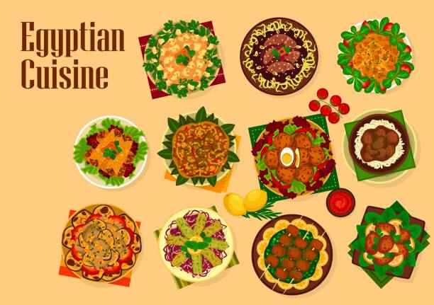 Egyptian cuisine meat and vegetable food Egyptian cuisine meat and vegetable food, Arabian dishes vector design. Lamb kebab, circassian chicken and eggplant stew, koftas, stuffed cabbage rolls and meatballs with cumin, saffron and prunes hunkar begendi stock illustrations