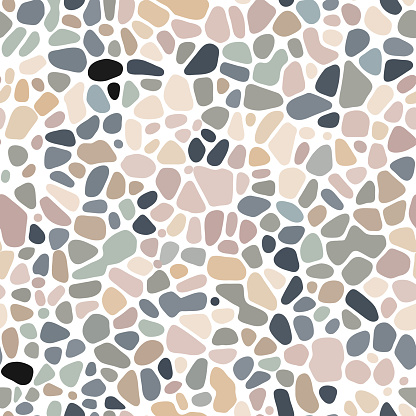Seamless wall pattern of bright round sea pebbles. Vector background. Decoration with tiles for paths, floor and paving. Kitchen, bathroom, garden design. Repeating texture