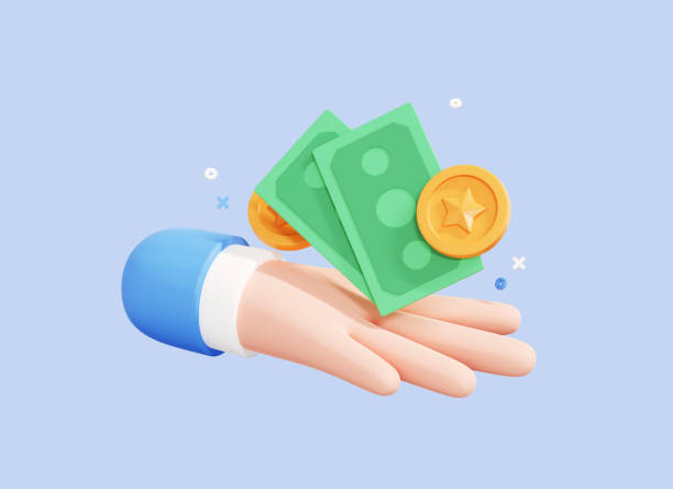 3D Hand holding dollar banknote with coin. Saving money concept. Payment and Cash back. Money investment and business commerce. Cartoon creative design icon isolated on blue background. 3D Rendering stock photo
